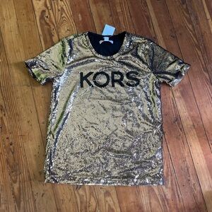 Michael by Michael Kors Gold Sequin Logo Top Size Medium EUC